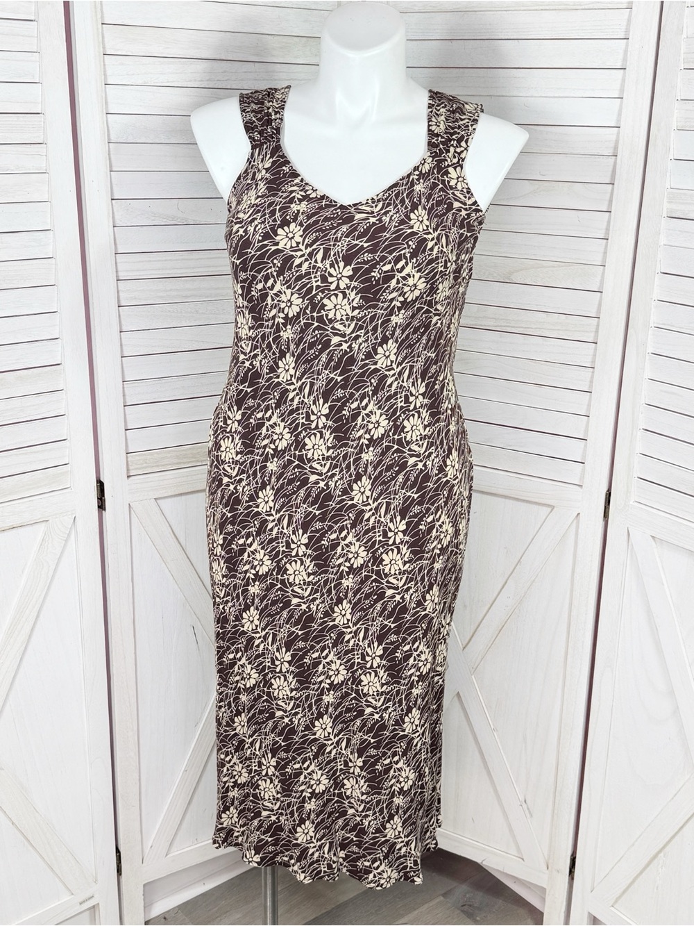 Vintage Y2K Loft Botanical Floral Stretch Jersey Slip Midi Dress Brown Cream 12